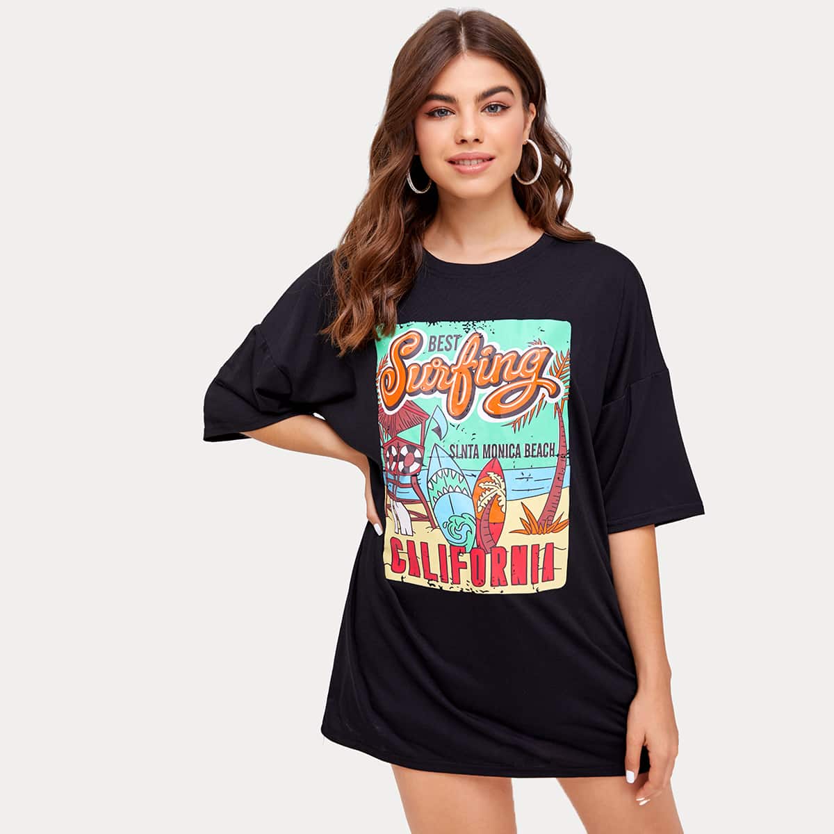 

Beach Graphic Oversized Tee, Black