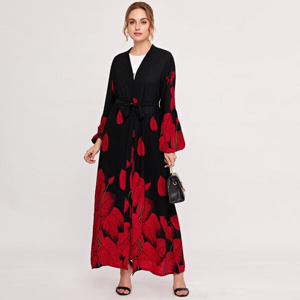 

Tropical Print Bishop Sleeve Belted Coat, Black