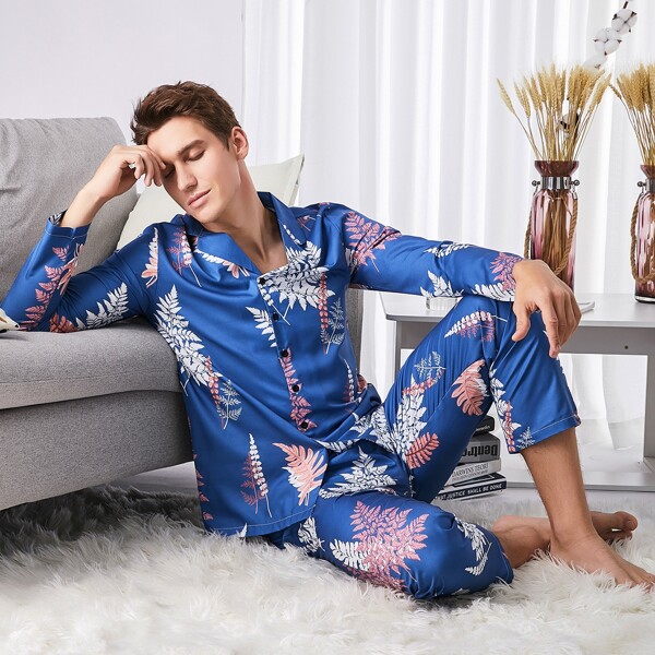 

Men Lapel Tropical Print Button Front PJ Set, Blue