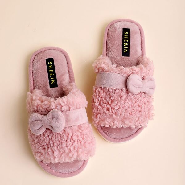

Open Toe Bow Decor Fluffy Slippers, Pink