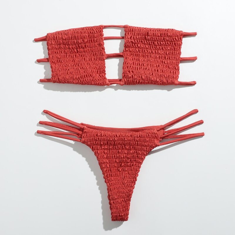 

Smocked Ladder Cut-out Bandeau Bikini Swimsuit, Red