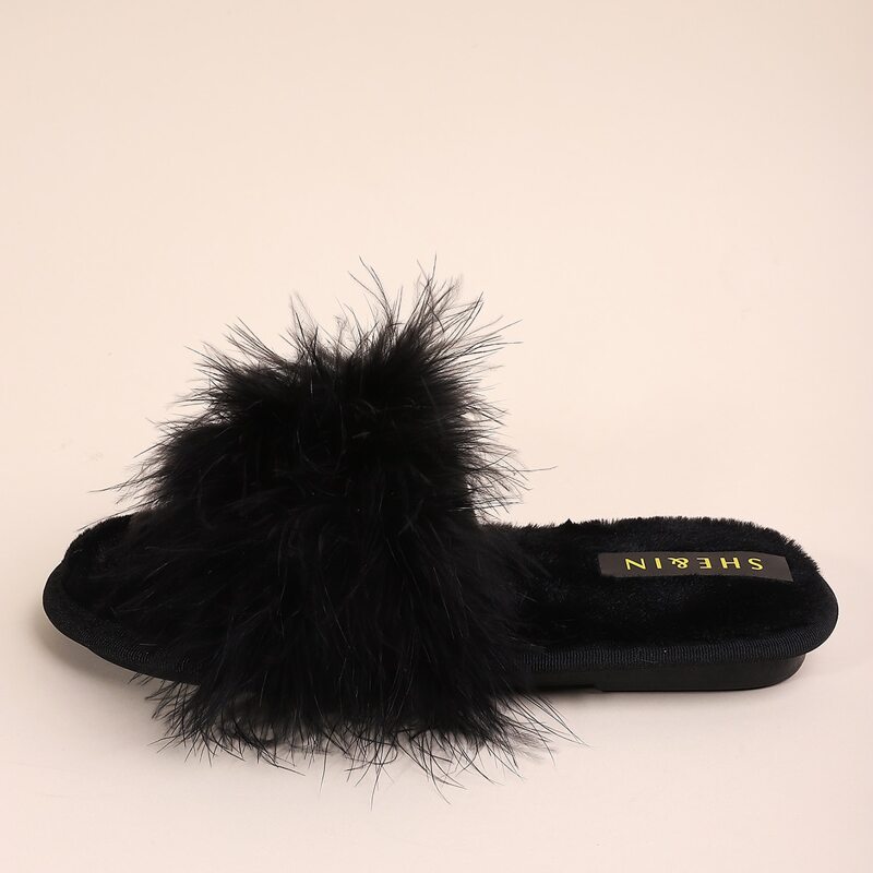 

Faux Fur Decor Fluffy Slippers, Black