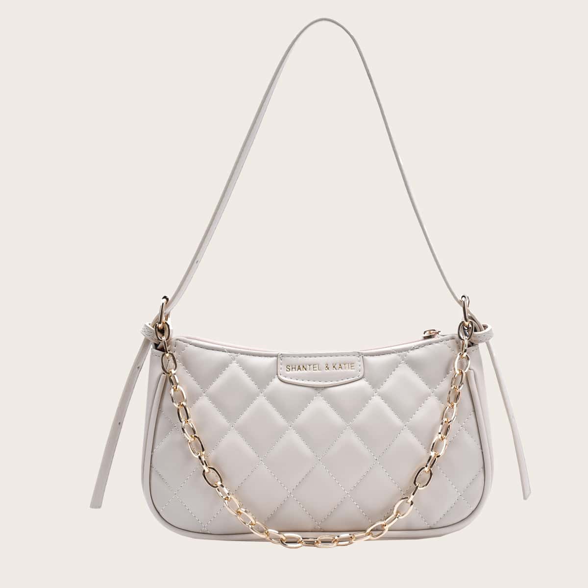 

Chain Decor Quilted Baguette Bag, White