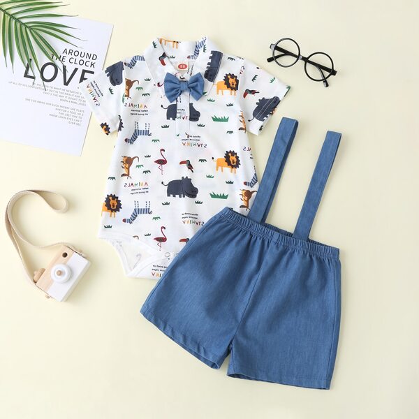 

Baby Boy Letter & Cartoon Graphic Bodysuit With Pinafore Shorts, Multicolor