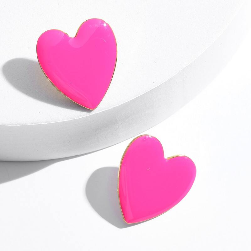 

Heart Shaped Dripping Oil Stud Earrings, Hot pink
