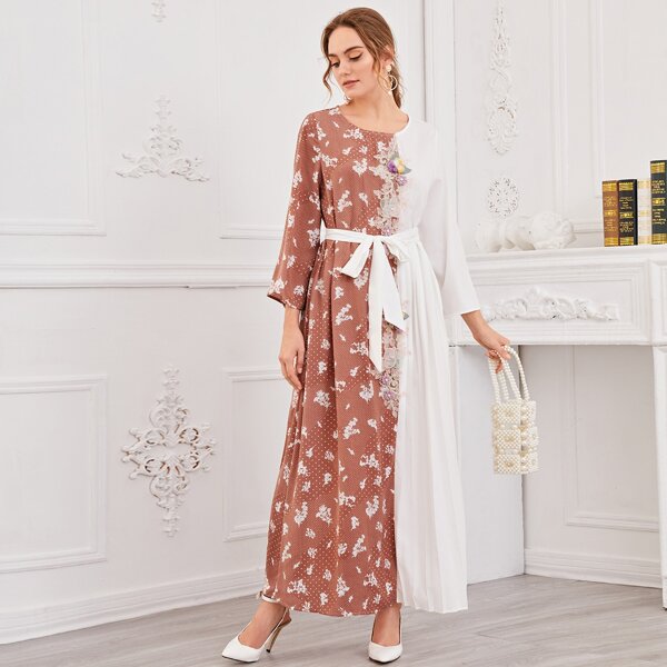

Applique Detail Floral Print Belted Spliced Dress, Red and white
