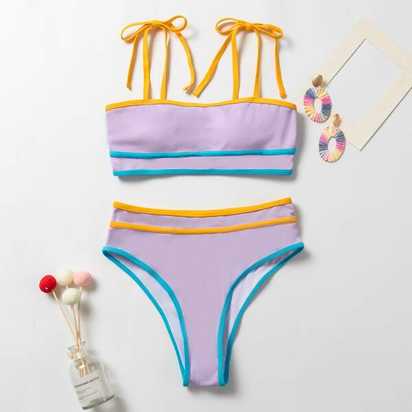 

Striped Trim Tie Shoulder High Waisted Bikini Swimsuit, Pastel lilac purple