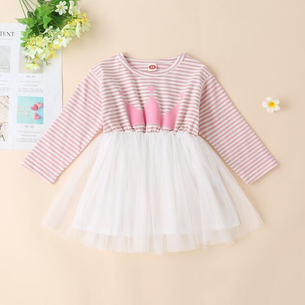

Baby Girl Crown And Striped Mesh Panel Dress, Multicolor