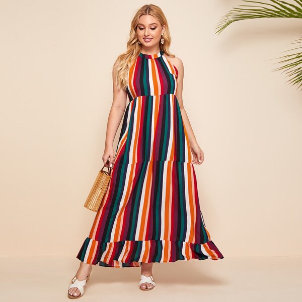 

Plus Vertical Striped Ruffle Hem Halter Dress, Multicolor