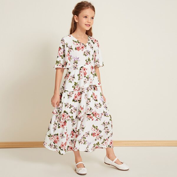 

Girls V-neck Bell Sleeve Layered Floral Dress, White
