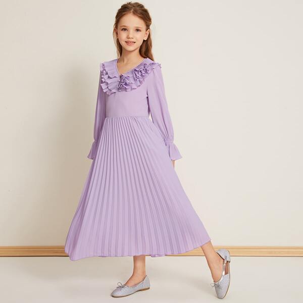 

Girls Flounce Sleeve Buttoned Front Ruffle Trim Pleated Dress, Lilac purple