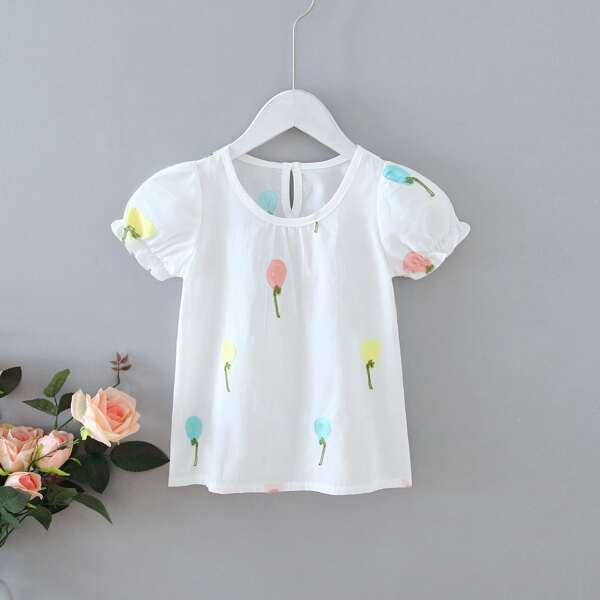 

Toddler Girls Embroidery Ruffle Cuff Top, White