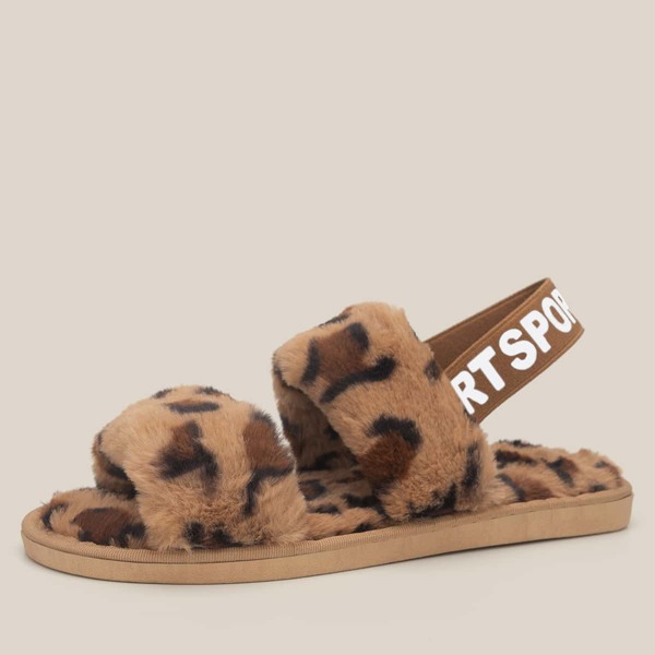 

Leopard Double Band Slingback Fluffy Sandals, Multicolor