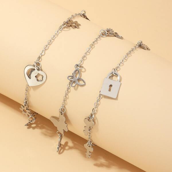 

3pcs Girls Heart Charm Bracelet, Silver