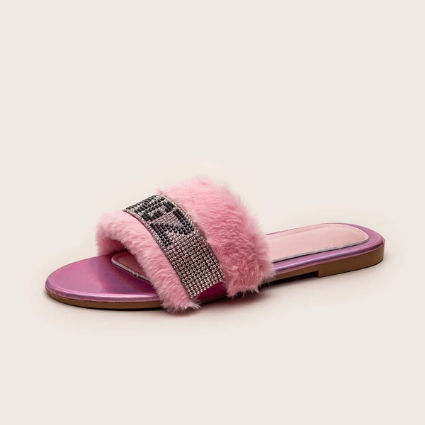 

Rhinestone Detail Fluffy Slide Sandals, Pink