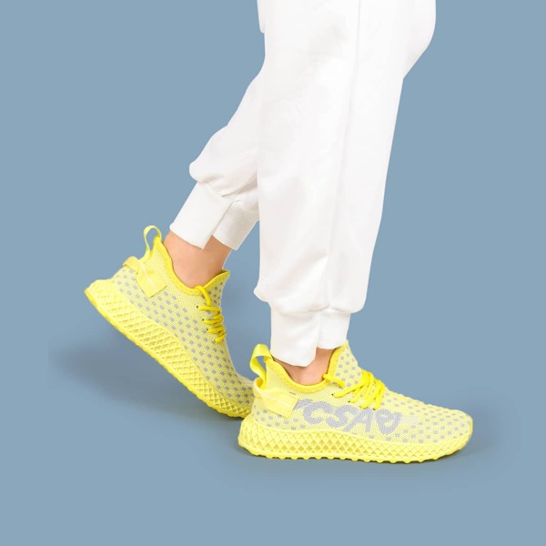 

Neon Yellow Lace Up Decor Knit Sneakers, Yellow neon
