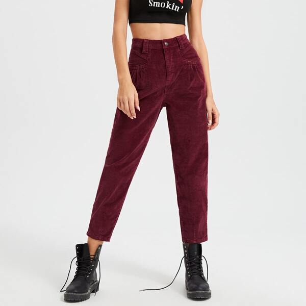 

High Waist Solid Cord Tapered Pants, Maroon