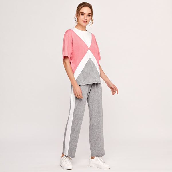 

Drop Shoulder Colorblock Top & Contrast Sideseam Pants Set, Multicolor