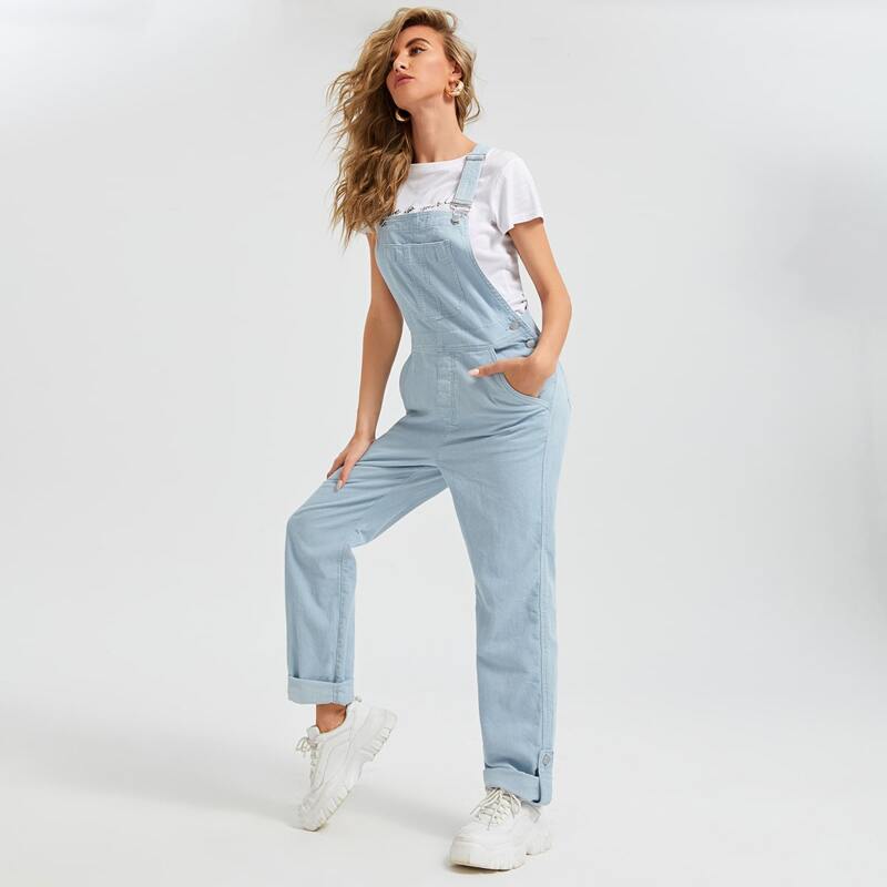 

Patch Pocket Roll Tab Hem Cord Overalls, Pastel baby blue