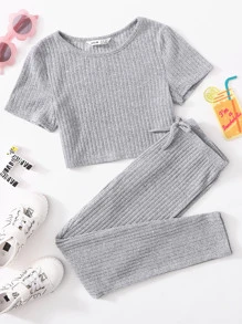 SHEIN Leap Crew Tween Girl Rib-Knit Top & Bow Waist Leggings Set - Light Grey - View 1