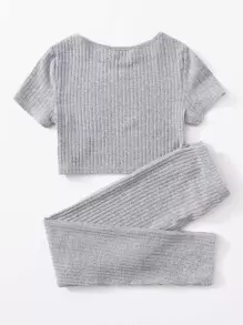 SHEIN Leap Crew Tween Girl Rib-Knit Top & Bow Waist Leggings Set - Light Grey - View 2