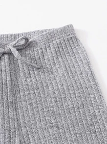 SHEIN Leap Crew Tween Girl Rib-Knit Top & Bow Waist Leggings Set - Light Grey - View 4