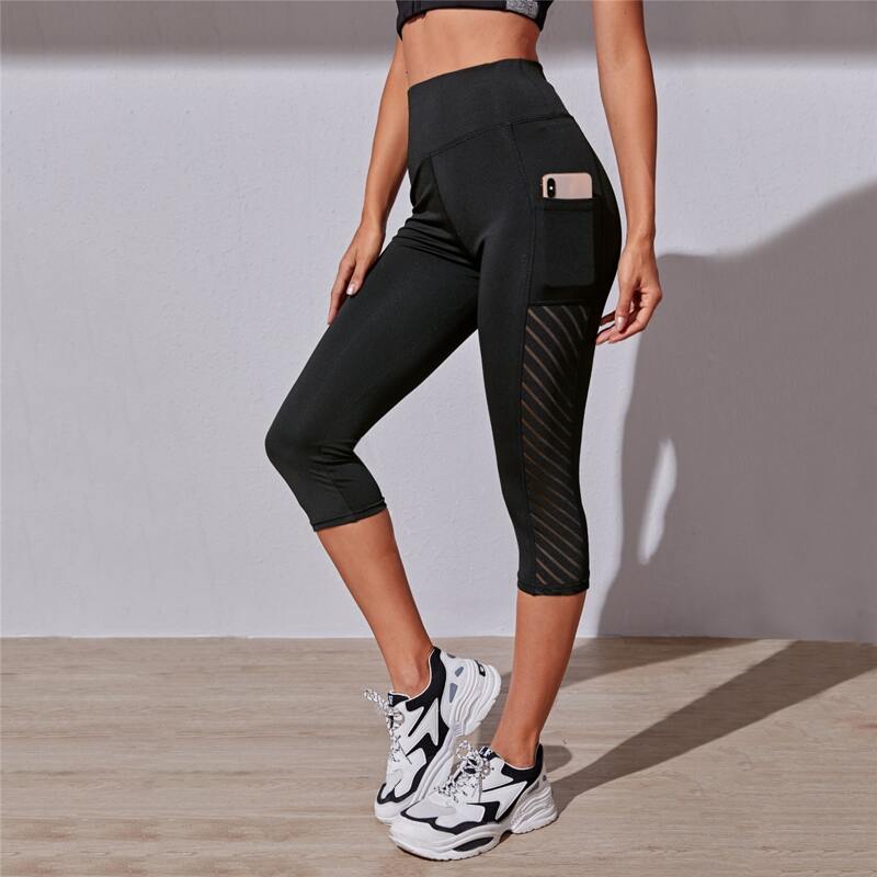 

Wideband Waist Capris Leggings With Phone Pocket, Black