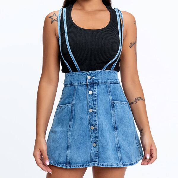 

Crisscross Back Button Fly Double Suspender Denim Skirt, Medium wash