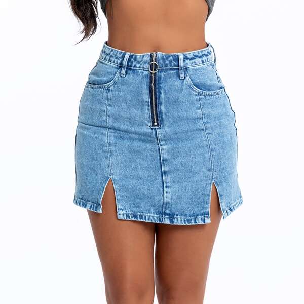 

Zipper Fly M-slit Hem Denim Skirt, Light wash