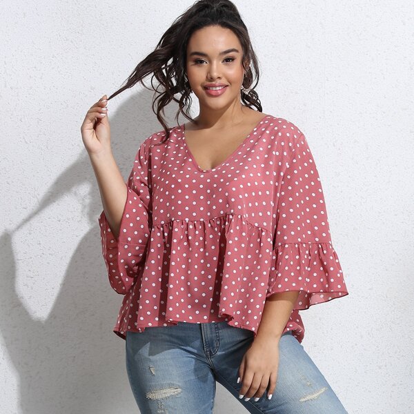 

Plus Polka Dot Flounce Sleeve Babydoll Blouse, Pink