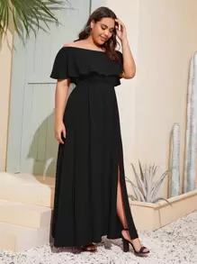 SHEIN VCAY Vestido Plus Con Doble Abertura En El Muslo Y Doblez De Hombros Descubiertos - Negro - Ver 3