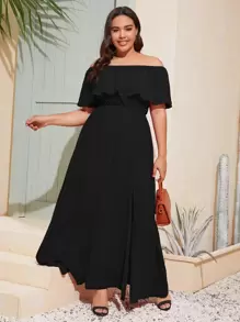 SHEIN VCAY Vestido Plus Con Doble Abertura En El Muslo Y Doblez De Hombros Descubiertos - Negro - Ver 4