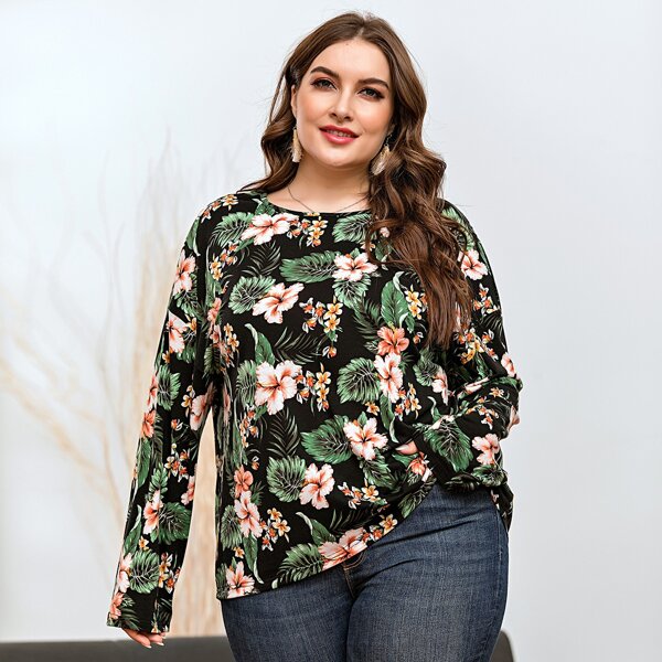 

Plus Tropical And Floral Print Tee, Multicolor