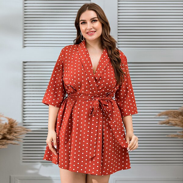 

Plus Polka Dot Shawl Collar Belted Dress, Red
