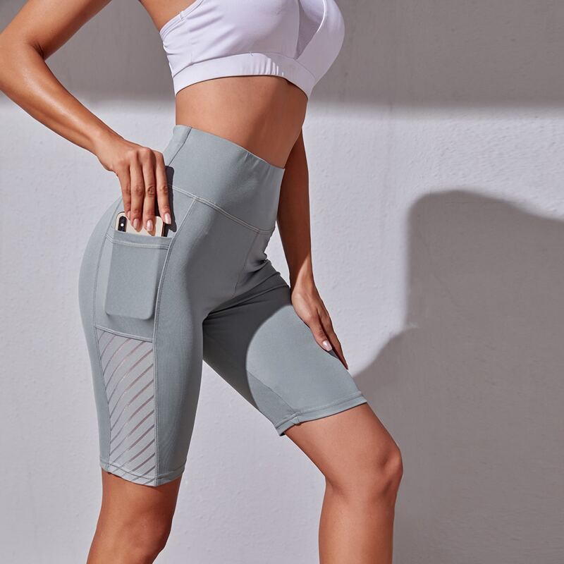

Wideband Waist Biker Shorts With Phone Pocket, Light grey
