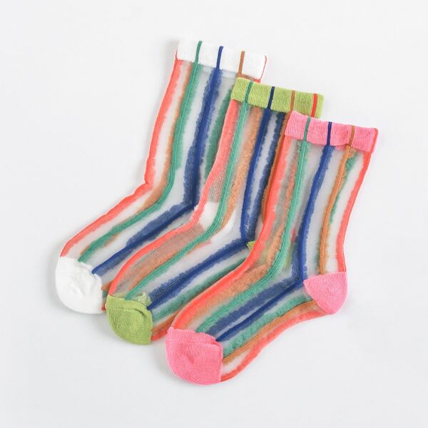 

3pairs Toddler Girls Striped Mesh Socks, Multicolor