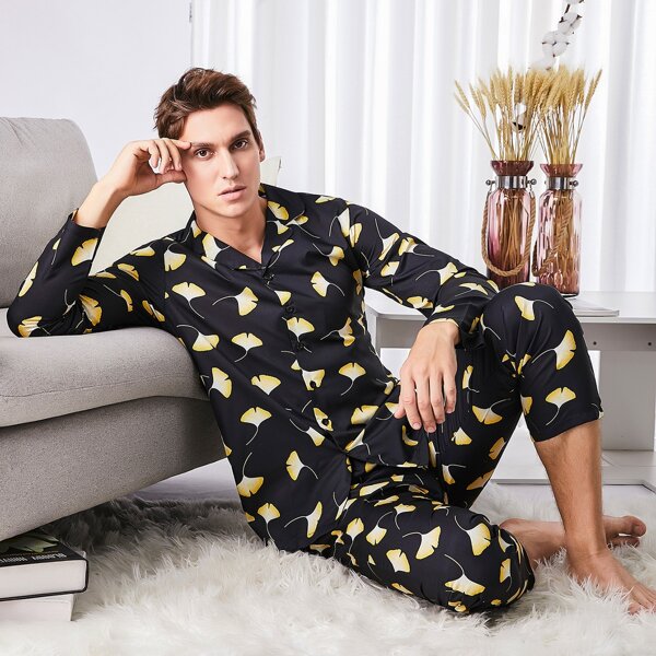 

Men Allover Ginkgo Leaf Print PJ Set, Black