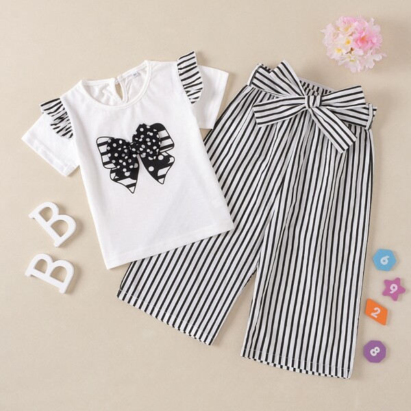 

Toddler Girls Bow Print Tee & Belted Striped Pants, Black and white
