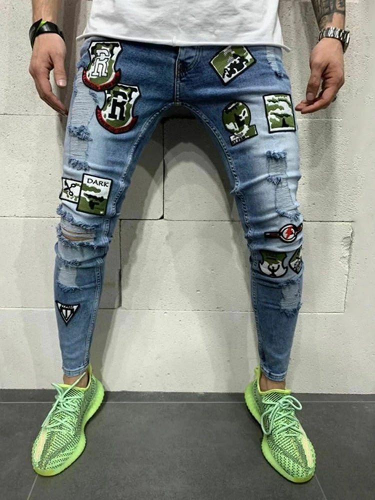 mens patched skinny jeans