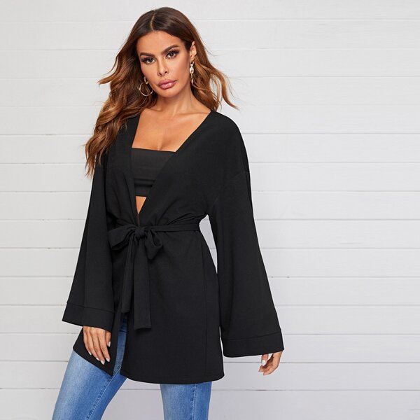 

Bell Sleeve Solid Belted Coat, Black