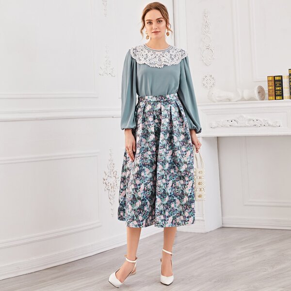 

Lantern Sleeve Guipure Lace Yoke Top & Floral Skirt Set, Multicolor