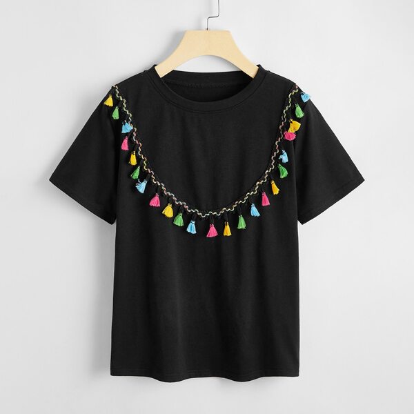

Tassel Trim Short Sleeve Tee, Black
