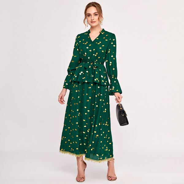 

Allover Print Ruffle Self Tie Combo Dress, Dark green