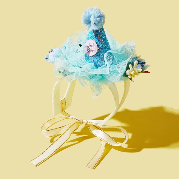 

1pc Flower Decor Lace Birthday Hat Cat Headband, Blue