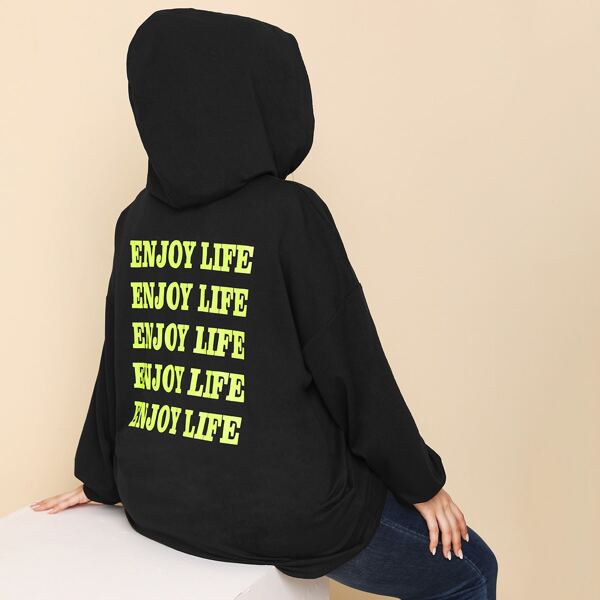 

Plus Slogan Graphic Drop Shoulder Drawstring Hoodie, Black