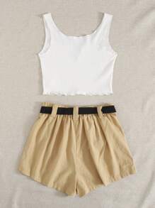 SHEIN EZwear 西裝領開衩下擺生菜邊背心上衣和推搭扣腰帶短褲套裝 - 彩色 - 查看 2