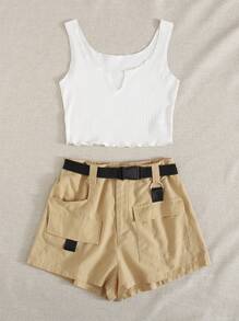 SHEIN EZwear 西裝領開衩下擺生菜邊背心上衣和推搭扣腰帶短褲套裝 - 彩色 - 查看 3