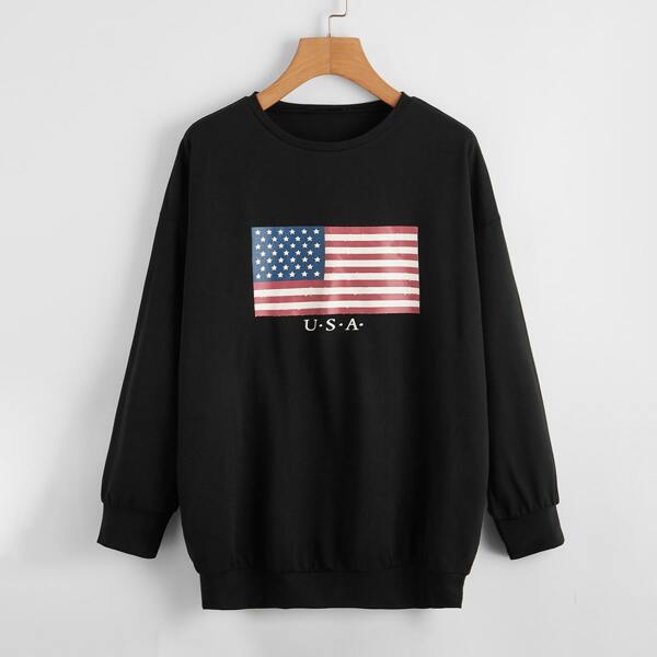 

Drop Shoulder Red White and Blue Print Pullover, Black