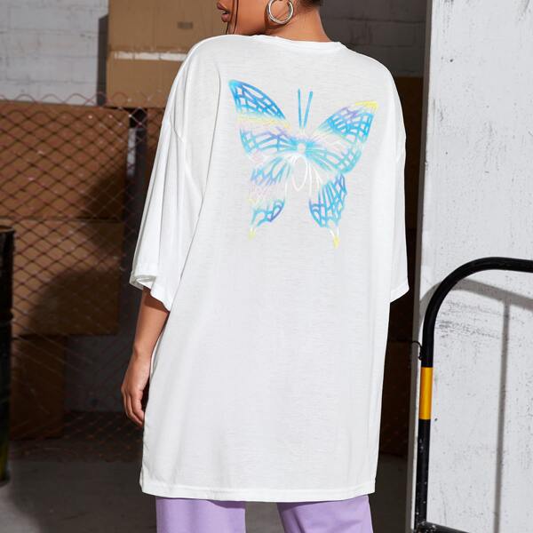 

Drop Shoulder Butterfly Print Longline Tee, White