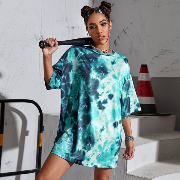 

Drop Shoulder Tie Dye Longline Tee, Multicolor